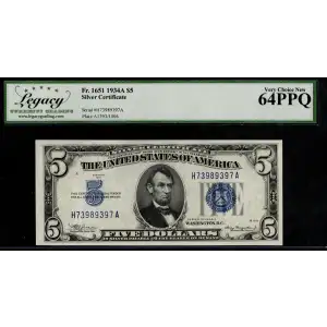 $5 1934-A blue seal. Small Silver Certificates 1651