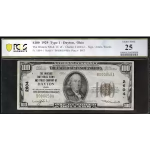 $100 1929 small brown seal. Small National Bank Notes 1804-1