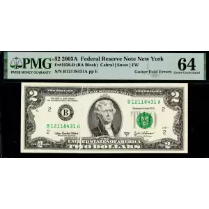 $2 2003-A. Green seal Small Size $2 Federal Reserve Notes 1938-B