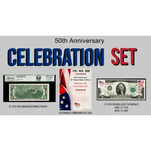 50th Anniversary Set: $2 1976 FRN  + Postmarked Commemorative Card + Dual Date (5)