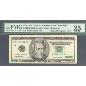 $20 1999 blue-Green seal. Small Size $20 Federal Reserve Notes 2085-D