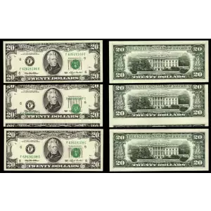 $20 1993 blue-Green seal. Small Size $20 Federal Reserve Notes 2079-F