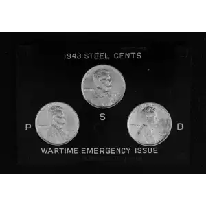 1943 Steel Cents: Wartime Emergency Issue Mint Set P, S, D in Display Case