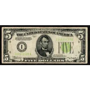 $5 1934 light Green seal. Small Size $5 Federal Reserve Notes 1955-I