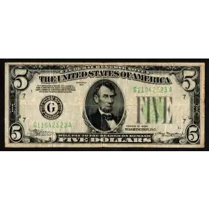 $5 1934 blue-Green seal. Small Size $5 Federal Reserve Notes 1956-G