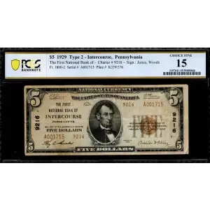 $5 1929 small brown seal. Small National Bank Notes 1800-2
