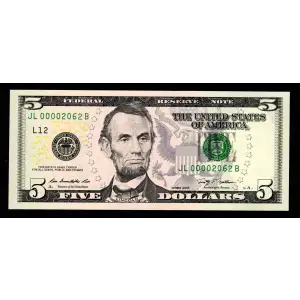 $5 2009  Small Size $5 Federal Reserve Notes 1994-L