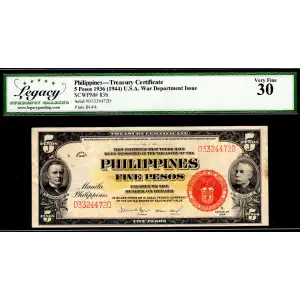 5 Pesos 1936, 1936 Issue b. U.S.A. War Department issue (1944). D3 244 001D to D3 544 000D Philippines 83