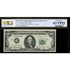 $100 1974 Treasury seal. Small Size $100 Federal Reserve Notes 2167-J