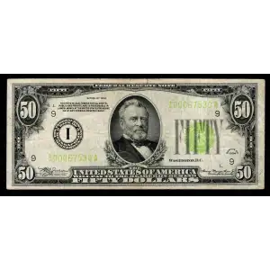 $50 1934 light Green seal. Small Size $50 Federal Reserve Notes 2102-I