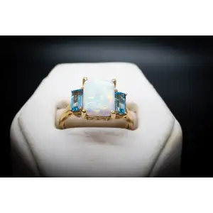 10k Yellow Gold Opal and Blue Topaz Ring October + December Birthstone