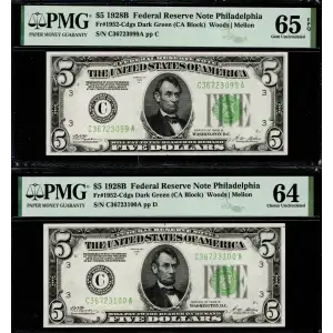 $5 1928-B. Green seal Small Size $5 Federal Reserve Notes 1952-C
